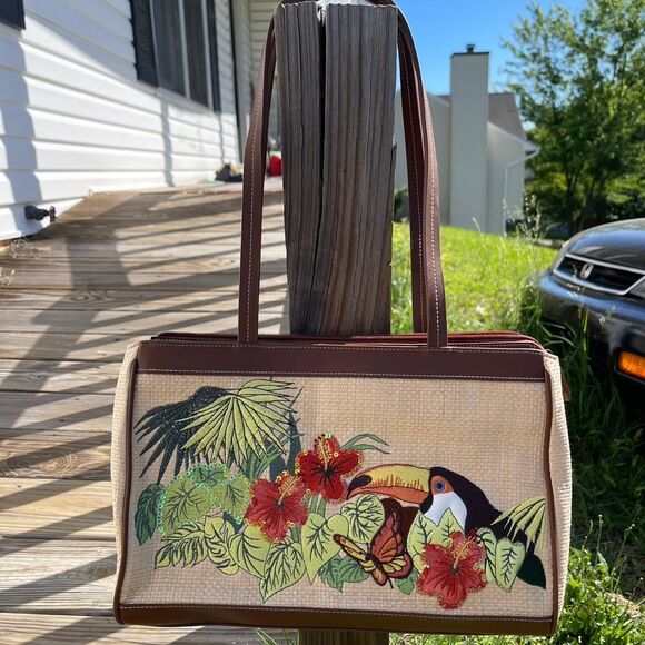 Etienne Aigner Handbags - VINTAGE ETIENNE AIGNER TROPICAL TOUCAN EMBROIDERED TOTE
